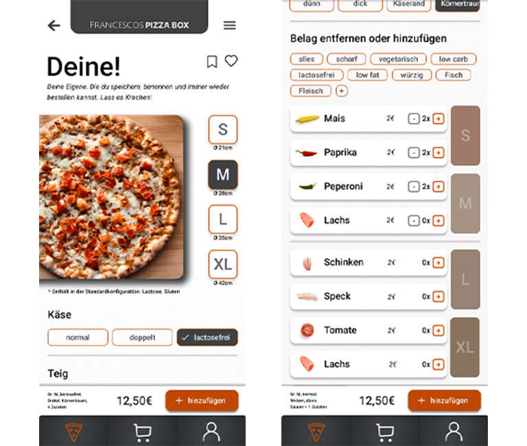 Pizza-Lieferdienst App — Produktdetailseite mit Anpassungsoptionen