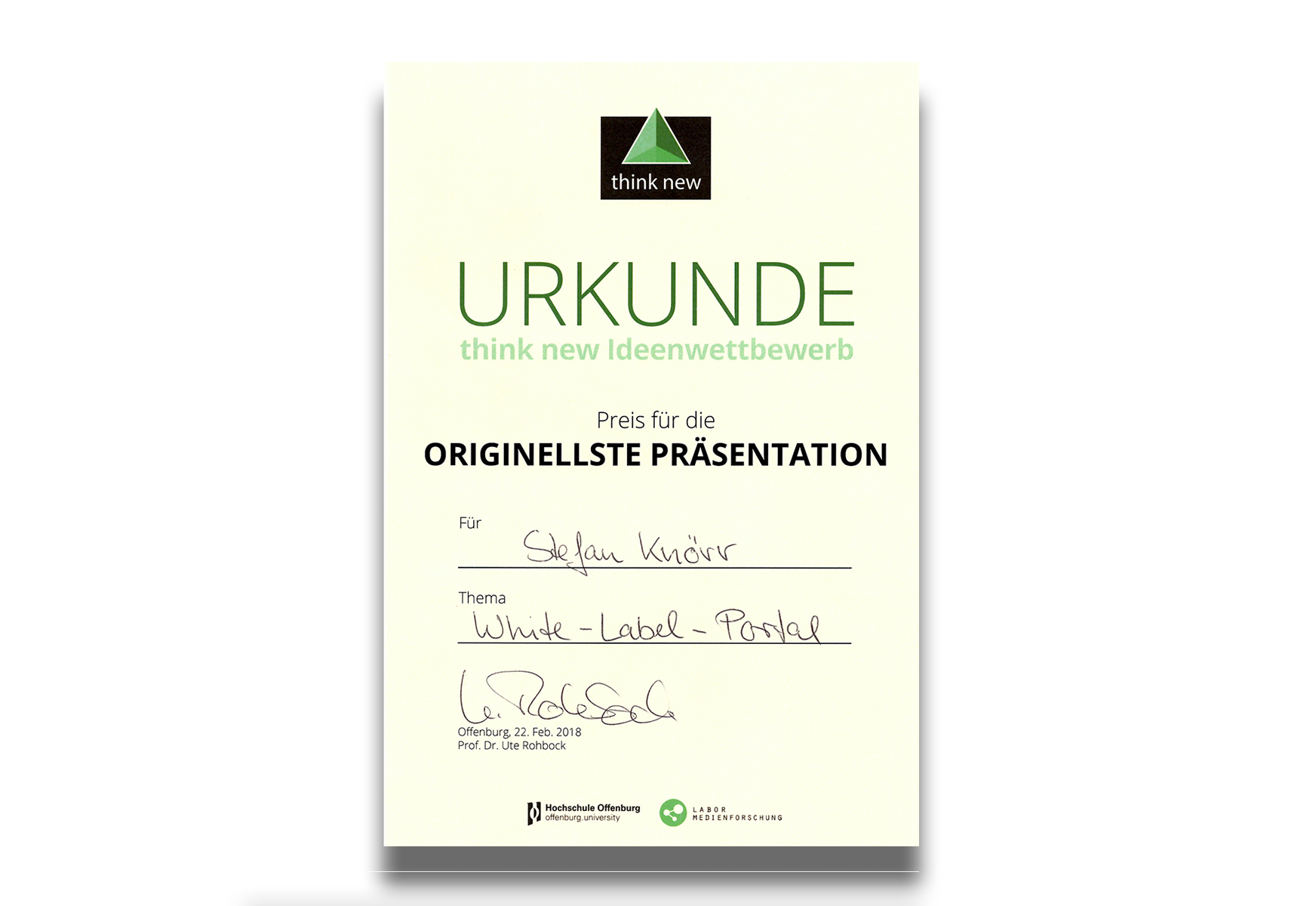 Urkunde: Think New Ideenwettbewerb — Präsentation des Vermarktungskonzepts